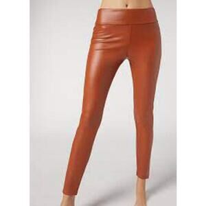 Calzedonia Womens Medium Thermal Faux Leather Leggings Brown Pull On